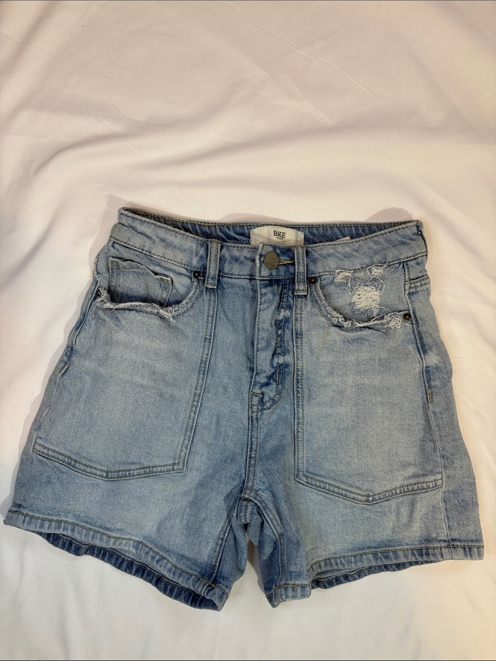 Carpenter Pocket Lightly Distressed High Rise Light Wash Denim Mom Shorts BKE 25